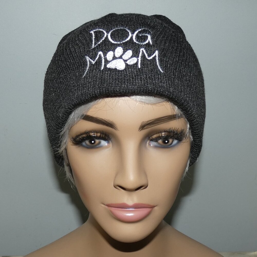 Dog Mom Knit Cap Black Charcoal Gray with White letters